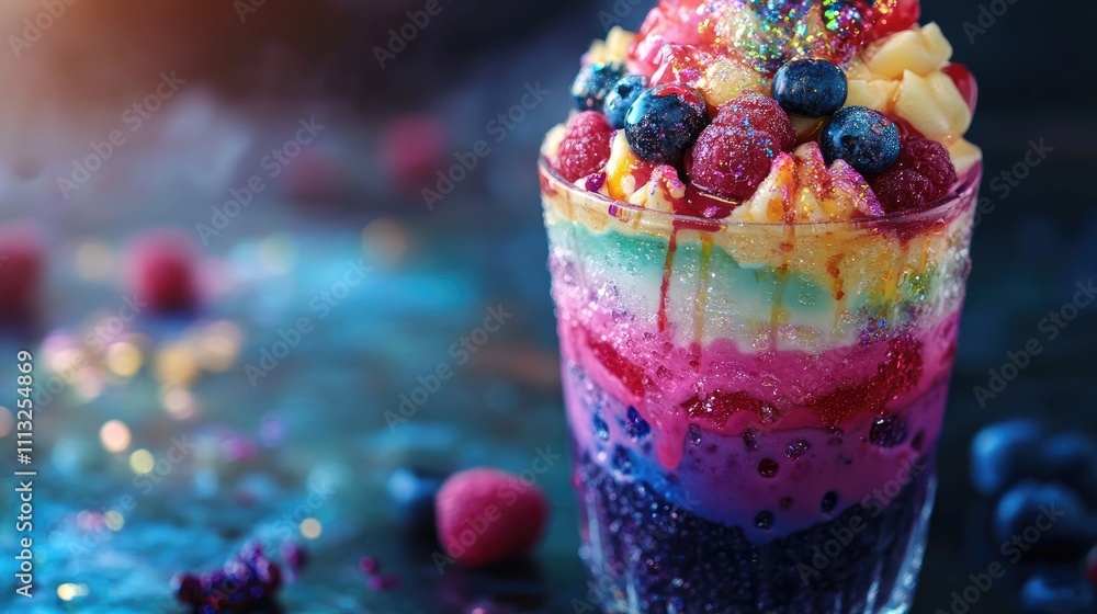 A vibrant, colorful dessert featuring layers of fruit and sparkling toppings in a glass. A vibrant, colorful dessert featuring layers of fruit and sparkling toppings in a glass.