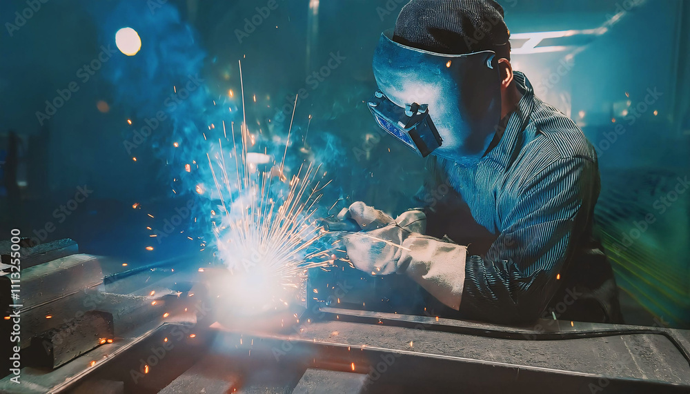 Skillful metal worker working with arc welding machine in factory while wearing safety equipment Skillful metal worker working with arc welding machine in factory while wearing safety equipment