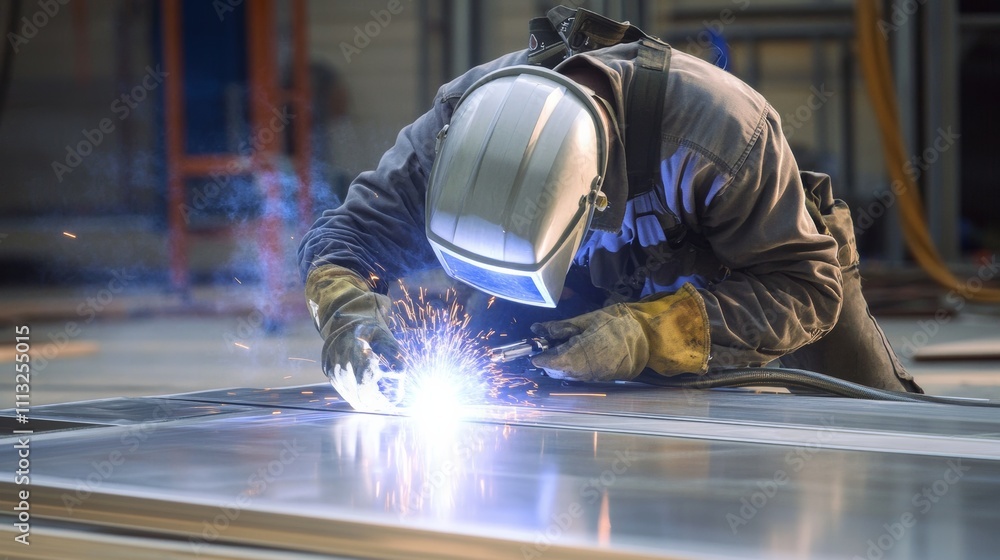 A welder welding aluminum panels for a custom-designed architectural facade on a commercial office building, Facade welding scene, Architectural customization style A welder welding aluminum panels for a custom-designed architectural facade on a commercial office building, Facade welding scene, Architectural customization style