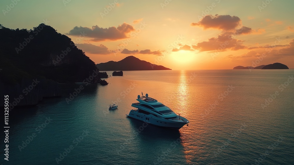 Naklejka premium Serene Sunset Over Yacht in Tranquil Waters near Mountains