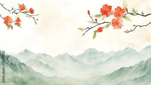 Wallpaper Mural Serene Landscape with Cherry Blossom Branches Against a Misty Mountain Background Torontodigital.ca