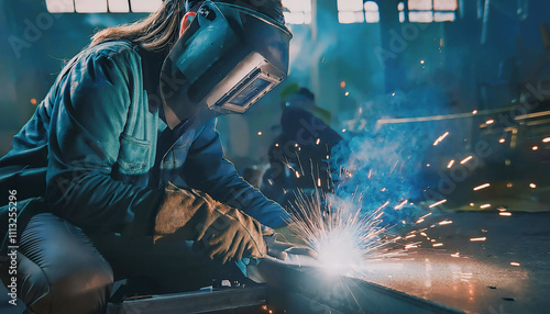 Industrial worker working with arc welding machine to weld steel in factory