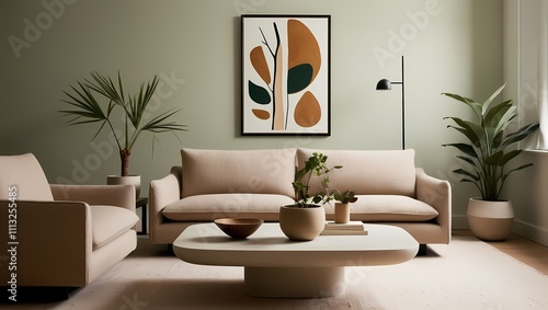 Modern living room with a beige sectional sofa, abstract wall art, green plants, and a minimalist coffee table in a serene, natural light-filled space.