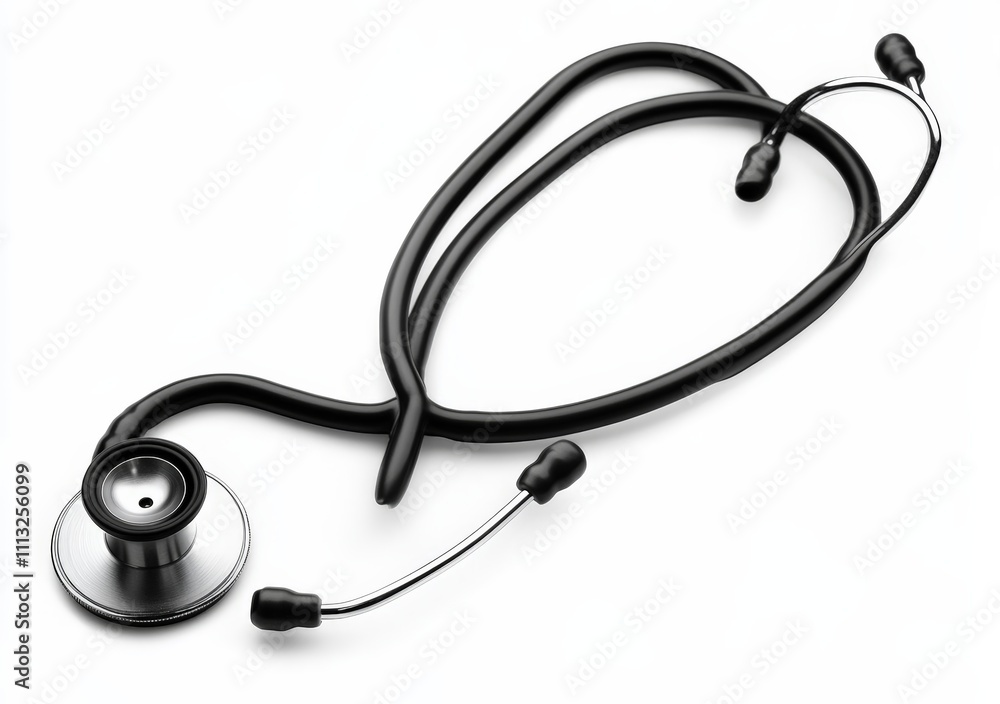 black stethoscope with silver chest piece on white background sleek modern medical equipment black stethoscope with silver chest piece on white background sleek modern medical equipment