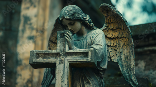 A scene in which an angel bows down and grieves in front of a cross. photo