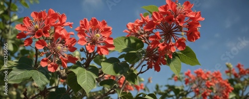 Mature and immature Jatropha pandurifolia blooms in vibrant hues, mature, flower, hue photo