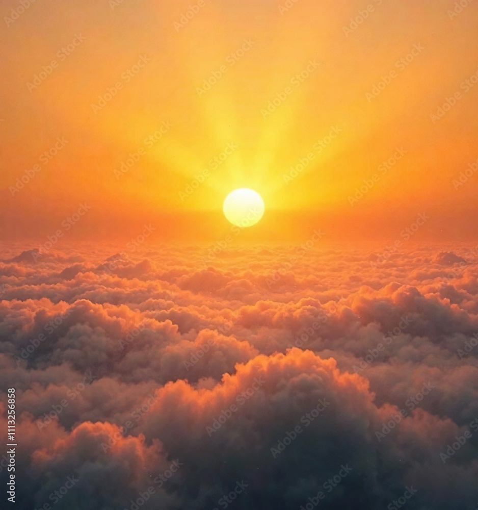 Fototapeta premium Warm golden rays illuminate dense foggy clouds at sunrise, soothing colors, hazy atmosphere, warm glow
