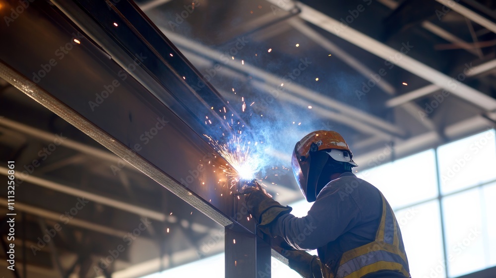 A welder welding steel supports for a canopy at a transportation hub, Canopy support welding scene, Transportation infrastructure construction style A welder welding steel supports for a canopy at a transportation hub, Canopy support welding scene, Transportation infrastructure construction style