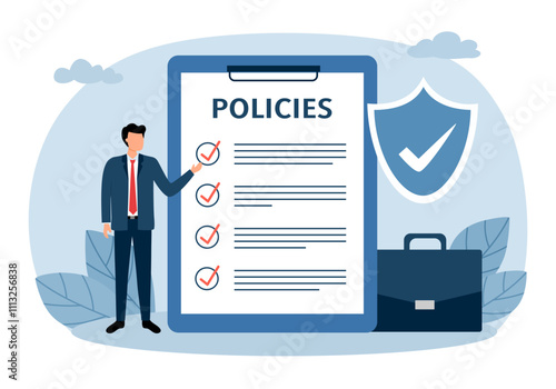 Company policies document, legal of term and services, agreement or process to follow, corporate rules or guidance concept. Businessman with company policy document and business briefcase.