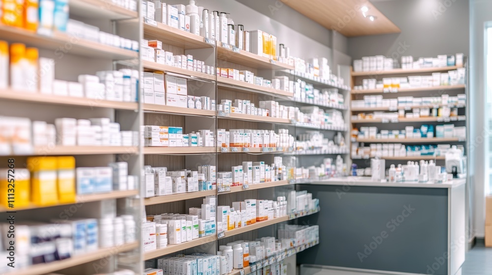 A well-organized retail pharmacy with shelves of medications and a consultation counter, Pharmacy scene, Clean and orderly style A well-organized retail pharmacy with shelves of medications and a consultation counter, Pharmacy scene, Clean and orderly style