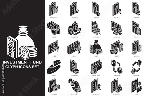 Investment fund isometric 3D glyph icons set. contain assets, bonds, real estate, credit card, dividends and more. use for modern concept, print, UI, UX kit, web and app development. Vector EPS 10