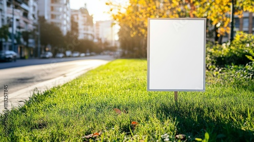 Blank yard sign standing in green grass near walking path on sunny day in an urban environment photo