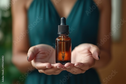 Person holds dropper bottle. Bottle brown glass. Simple product presentation. Focus on item in hands. Product could essential oils, serum, beauty products. Image suitable for health beauty related photo