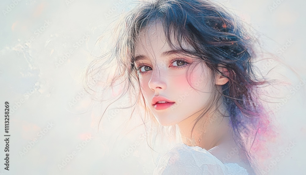 Woman with Flowing Hair in Soft Pastel Watercolor Illustration Woman with Flowing Hair in Soft Pastel Watercolor Illustration