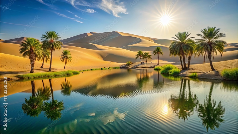 Obraz premium Serene Oasis Palm Trees Mirrored in a Calm Desert Lake at Sunset