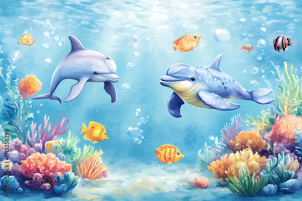 Fototapeta premium Underwater World with Friendly Sea Creatures and Coral Reefs