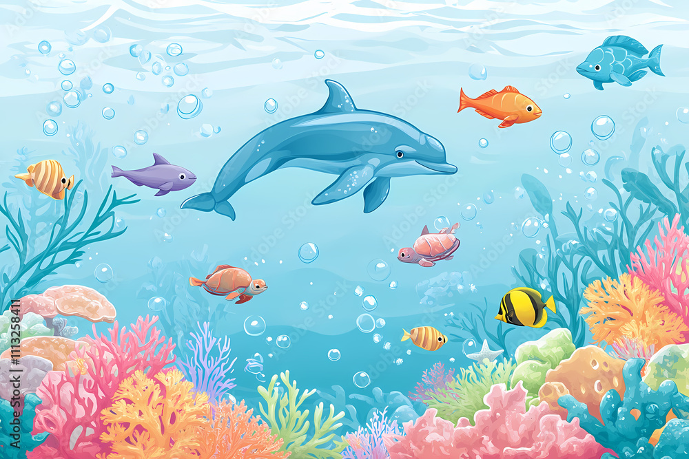 Fototapeta premium Underwater World with Friendly Sea Creatures and Coral Reefs