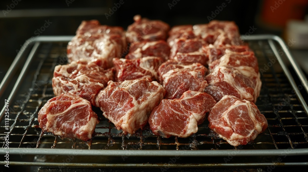 Fresh cuts of meat displayed on a metal rack ready for grilling in a kitchen environment Fresh cuts of meat displayed on a metal rack ready for grilling in a kitchen environment