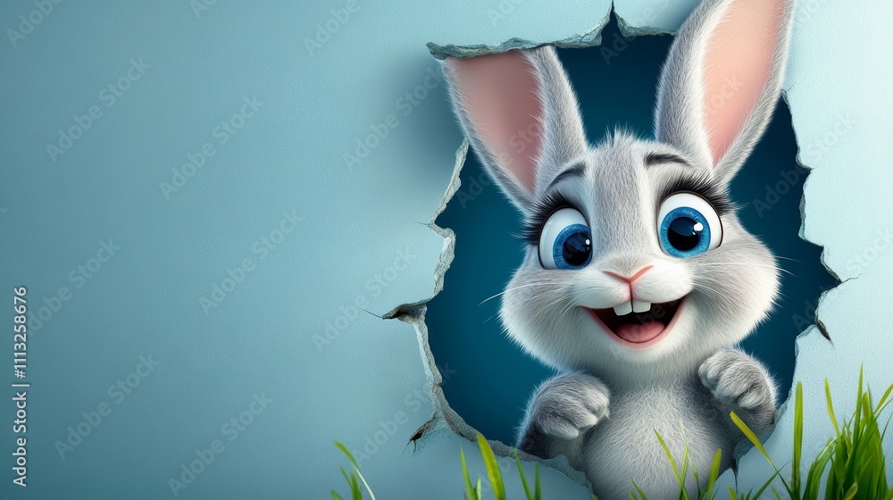 Fototapeta premium Cute Animated Bunny Peeking from Torn Wall Cute Rabbit Happy Easter Illustration