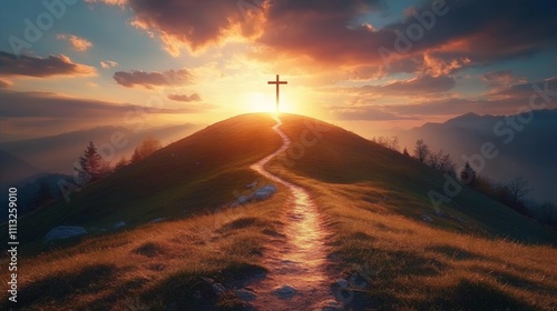 Fototapeta Naklejka Na Ścianę i Meble -  Serene Mountain Sunset Landscape with Christian Cross on Hill and Winding Path in Peaceful Contemplative Atmosphere
