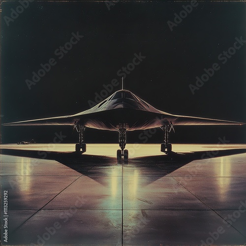 A stealth bomber sits on a runway under dim lights. photo