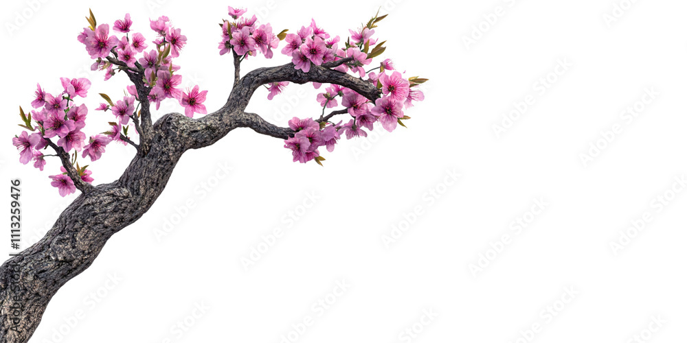 Fototapeta premium Plum blossom branch with pink flowers in Chinese ink painting style on white background.