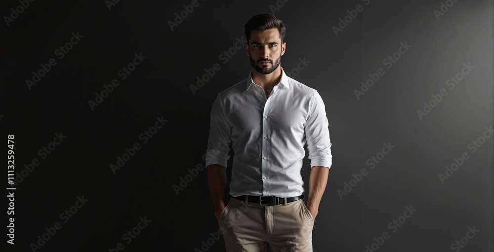 Confident Young Man in Casual Attire Posing Against Dark Background Confident Young Man in Casual Attire Posing Against Dark Background