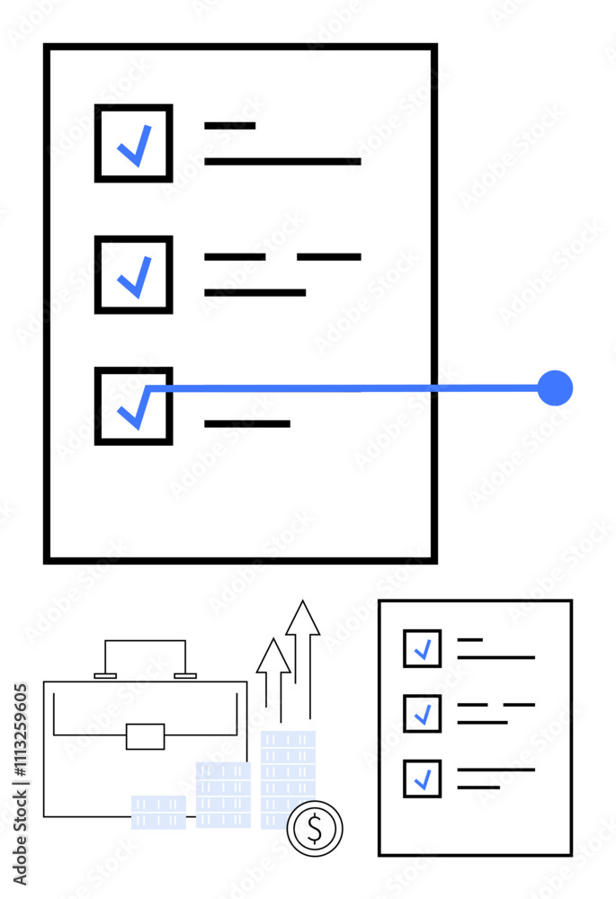 Checklist with checkmarks, blue connector line, briefcase, currency symbol, and bar graphs. Ideal for productivity, business growth, financial success, project management efficiency goal Checklist with checkmarks, blue connector line, briefcase, currency symbol, and bar graphs. Ideal for productivity, business growth, financial success, project management efficiency goal