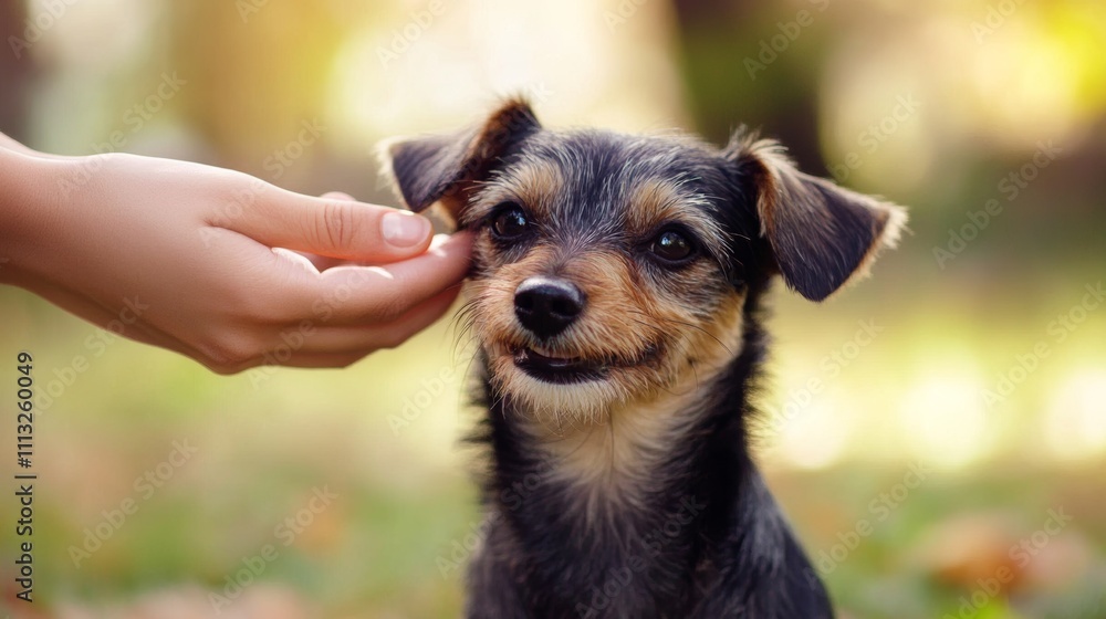 Small dog enjoys gentle petting under soft sunlight in a serene outdoor setting Small dog enjoys gentle petting under soft sunlight in a serene outdoor setting