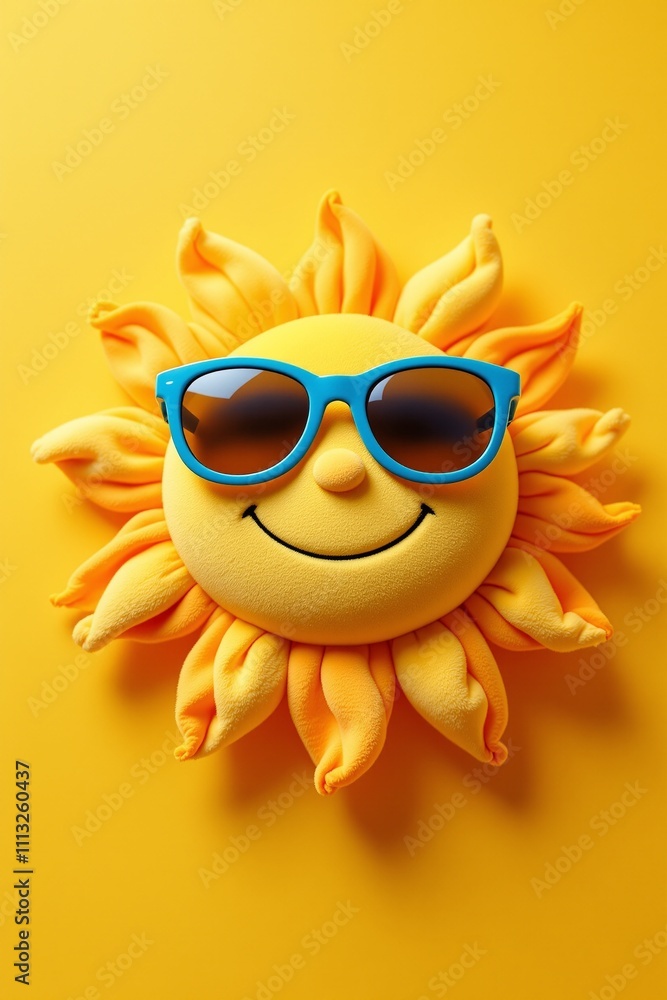 Cheerful Cartoon Sun with Sunglasses on Vibrant Yellow Background Cheerful Cartoon Sun with Sunglasses on Vibrant Yellow Background