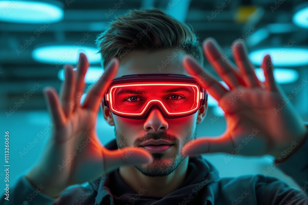 Futuristic Young Man in Neon Glasses with Dramatic Lighting Futuristic Young Man in Neon Glasses with Dramatic Lighting