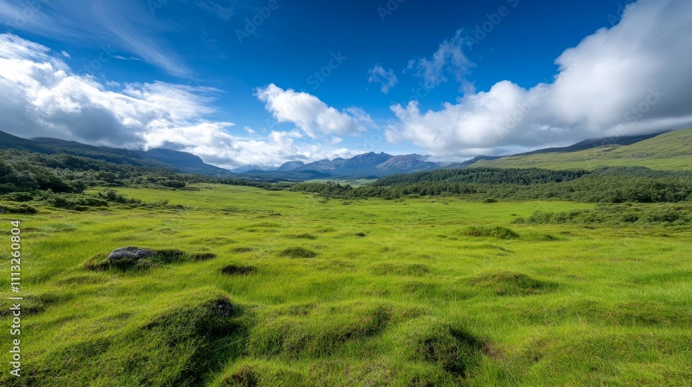 Serene Natural Landscape with Rolling Green Hills and Blue Sky Serene Natural Landscape with Rolling Green Hills and Blue Sky