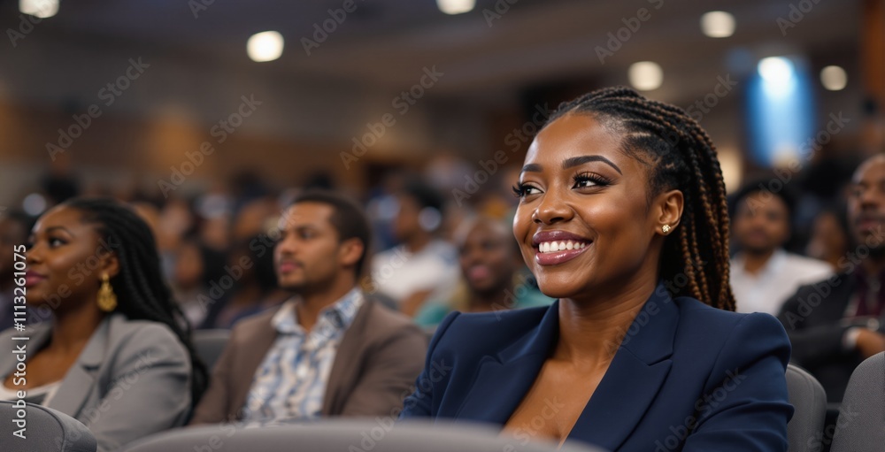 Smiling Young African Woman in Business Attire at Conference with Engaged Audience Smiling Young African Woman in Business Attire at Conference with Engaged Audience