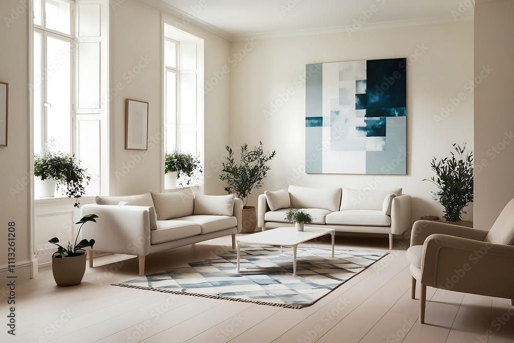 Modern living room with beige sofas, abstract art, and plants. Modern living room with beige sofas, abstract art, and plants.