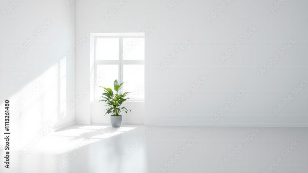 Fototapeta premium Minimalist White Room with Natural Light and Green Plant, Perfect for Modern Home Decor or Meditation Space