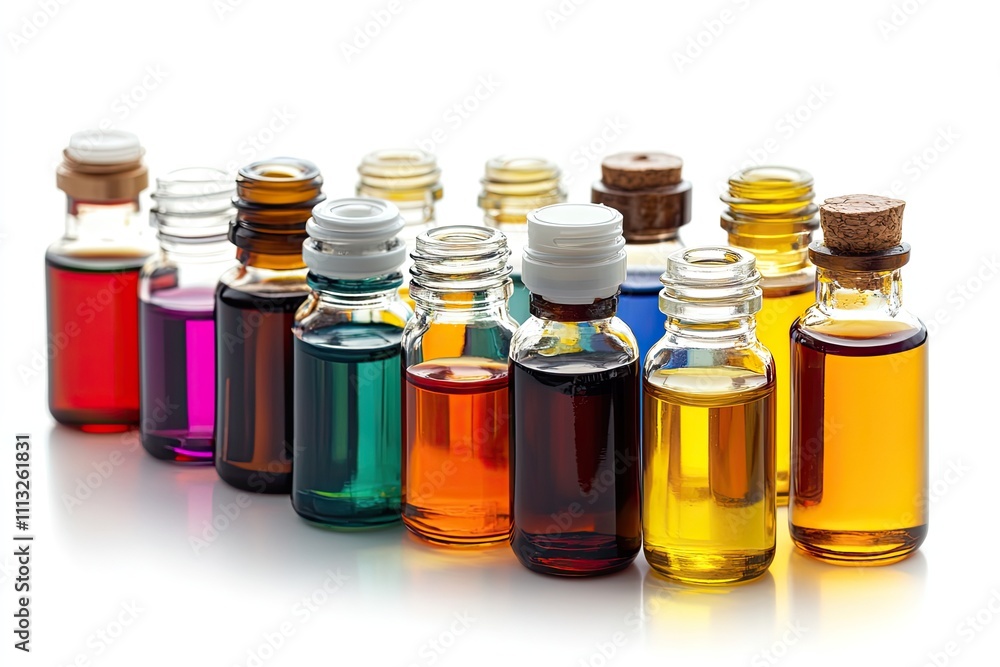 Natural essential oil bottles grouped together on a white background. Natural essential oil bottles grouped together on a white background.