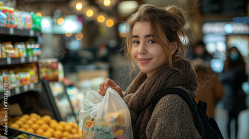 young woman shopping at the grocery counter in a supermarket