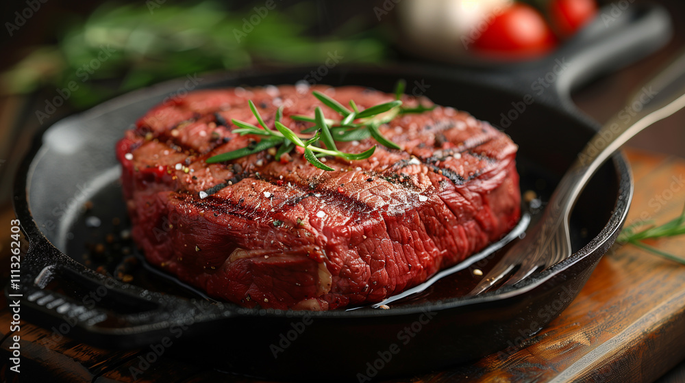 Close-up of a piece of meat with spices in a skillet on a wooden table. Rustic style. Close-up of a piece of meat with spices in a skillet on a wooden table. Rustic style.