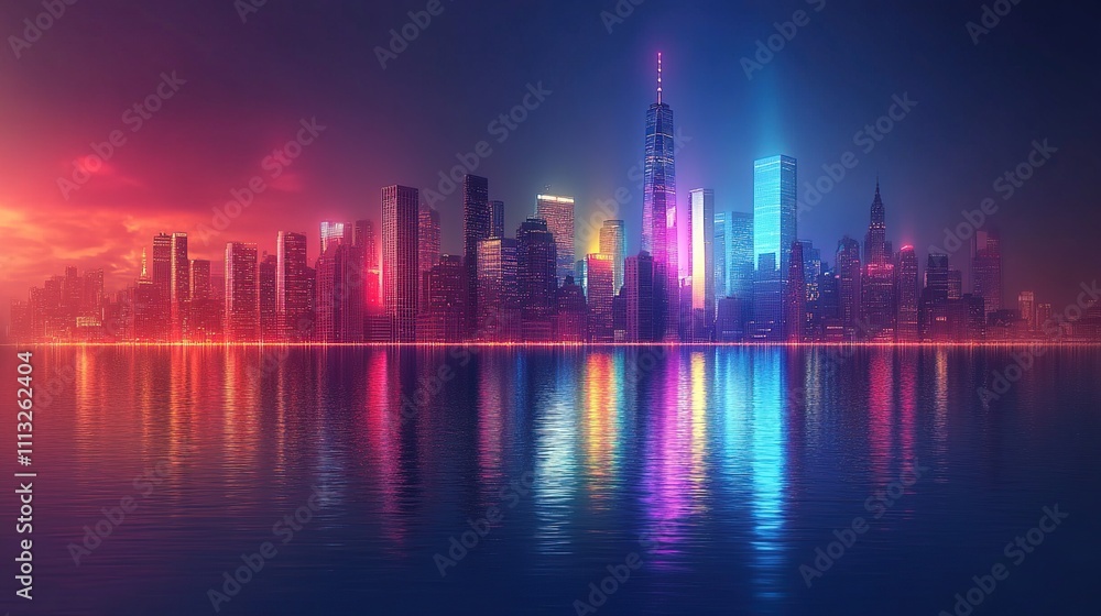 Fototapeta premium A vibrant city skyline at night, illuminated with colorful lights reflecting on water.