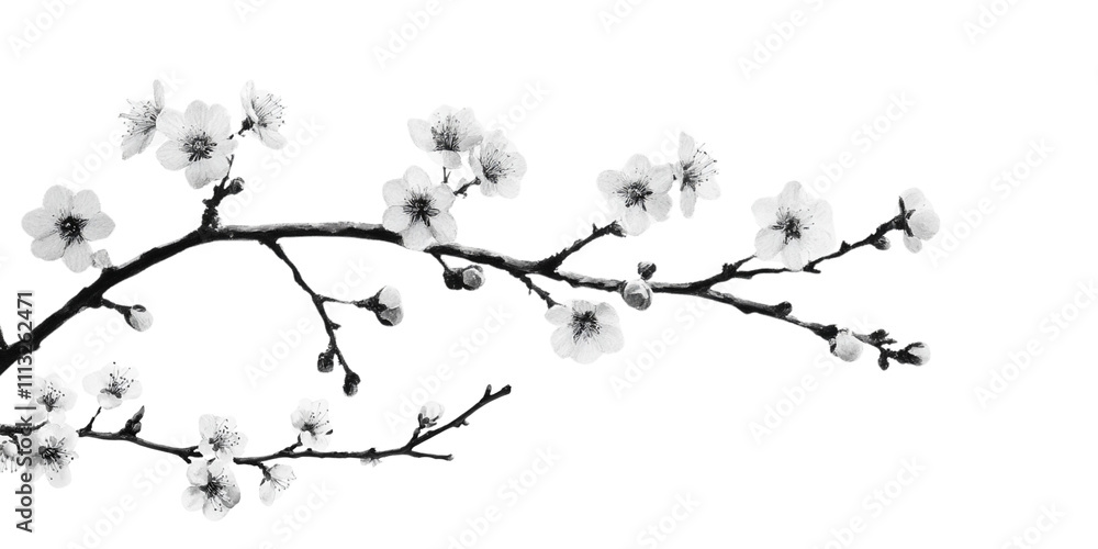 A black and white drawing of a blossoming plum tree branch against a white background. A black and white drawing of a blossoming plum tree branch against a white background.