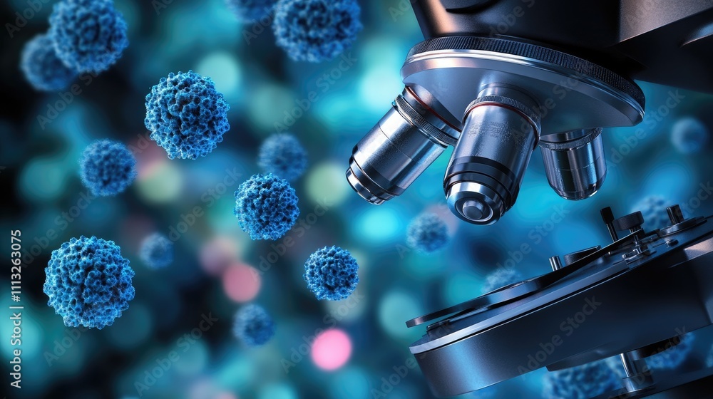 Close-up View of a Microscope and Blue Virus Particles in Focus Close-up View of a Microscope and Blue Virus Particles in Focus