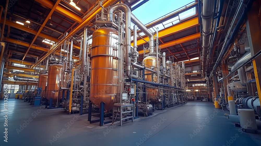 Fototapeta premium chemical plant with complex pipes, tanks, and laboratory equipment, scientific and industrial setting