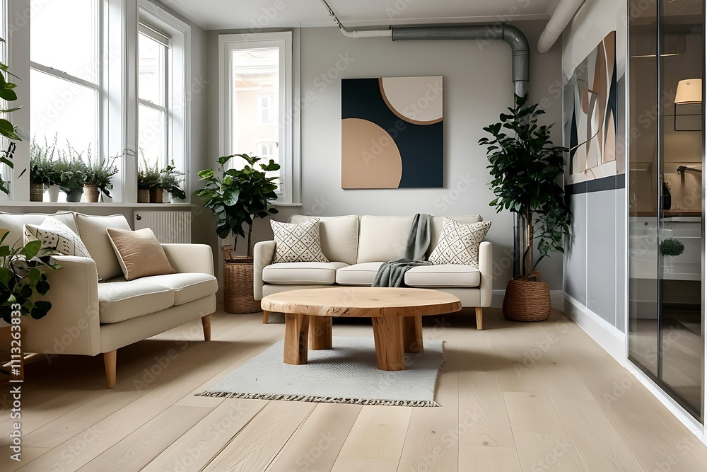 Modern living room with beige sofa, wooden coffee table, plants, and minimalist art. Modern living room with beige sofa, wooden coffee table, plants, and minimalist art.
