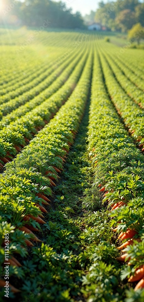 Fototapeta premium Row of carrot crops in a green field with sunlight filtering through , crop row, green field, agriculture