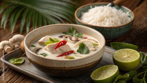 Classic Tom Kha Gai Chicken Coconut Soup with Rice and Lime