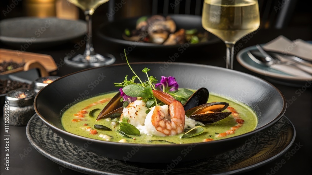 Modern Fine Dining Seafood Green Curry with Herbs and Edible Flowers Modern Fine Dining Seafood Green Curry with Herbs and Edible Flowers