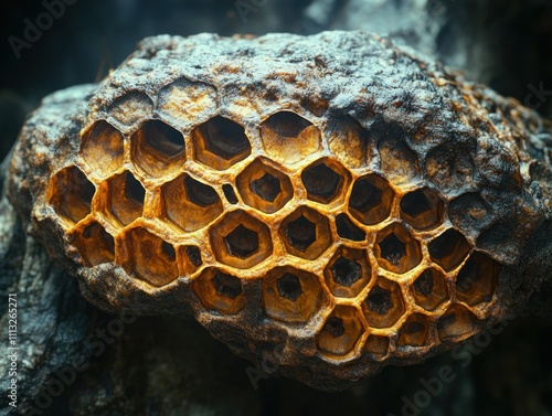 Close Up of Wasp Nest with Intricate Details and Buzzing Insects photo