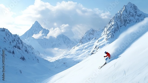 A skier carves down a snowy mountain slope, surrounded by majestic peaks under a blue sky, showcasing the thrill of winter sports.