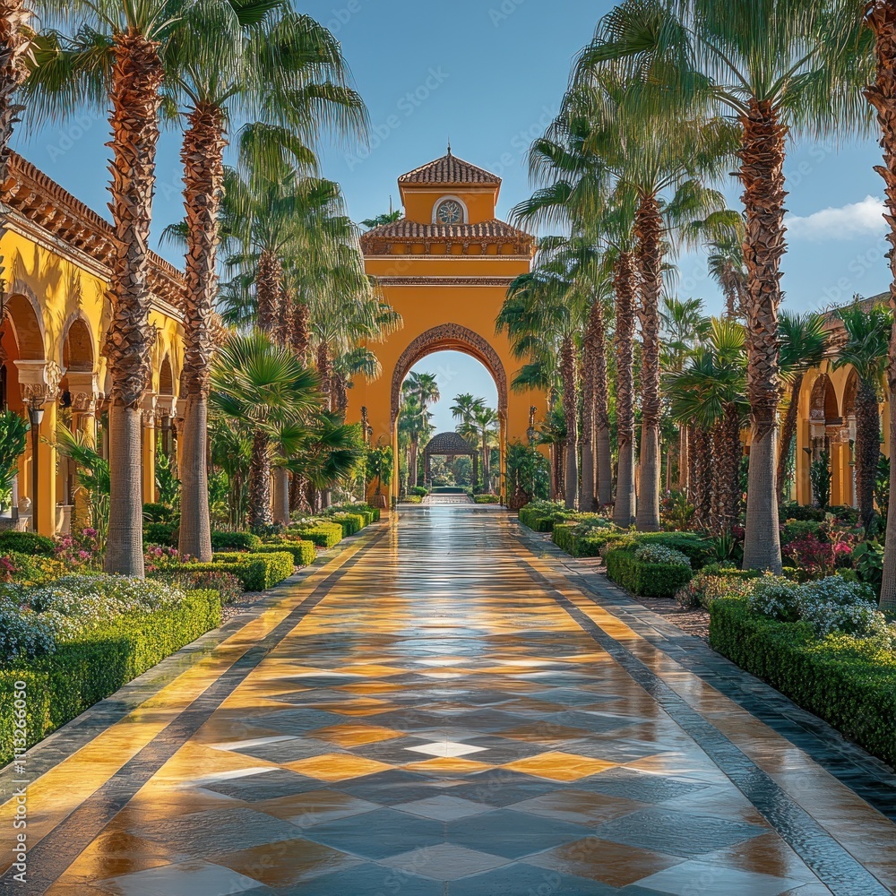 Obraz premium A vibrant pathway flanked by palm trees and colorful architecture under a bright sky.