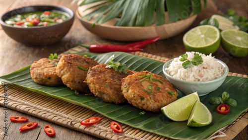 Traditional Thai Fish Cakes with Rice and Lime Garnish